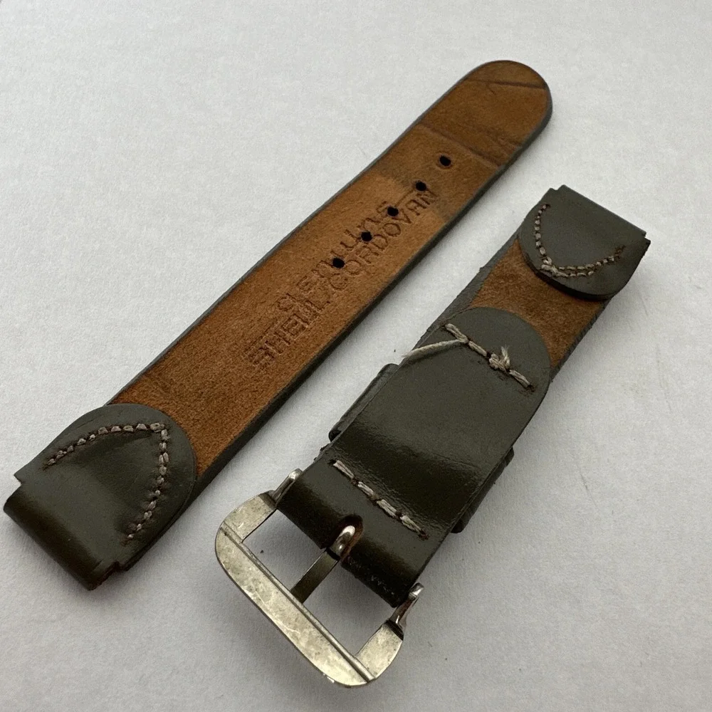 Genuine Shell Cordovan Leather Watch Strap Olive Green 2-Piece Band Silver Buckl